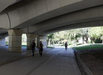 Personas caminando bajo un puente de los jardines del turia