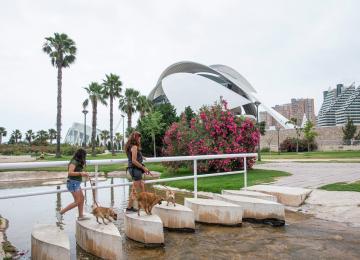 Personas atravesando el puente de un canal de los jardines del turia